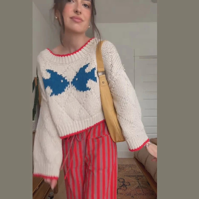 Bow Jacquard Cropped Knit Sweater Wide Long Sleeve Crew Neck Loose Chunky Knit Pullover