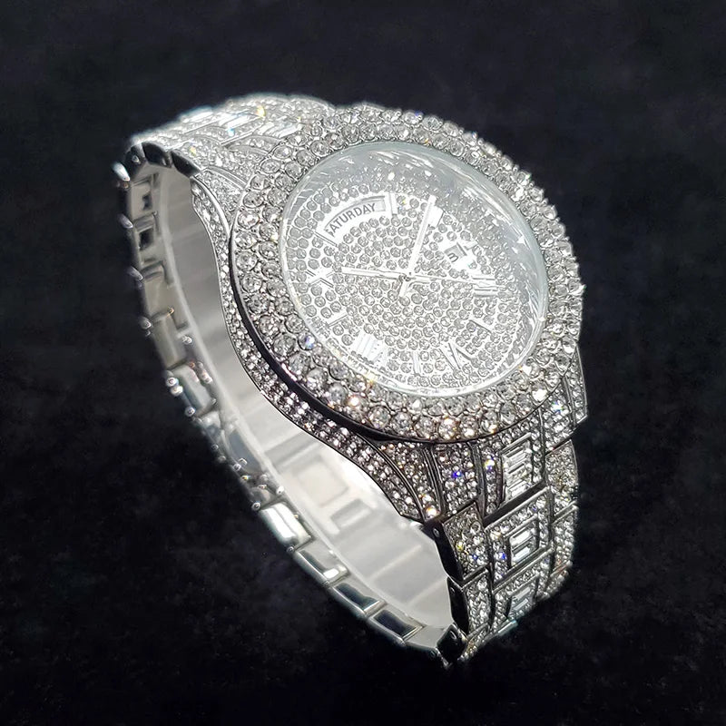 Luxury Diamond Bling Iced Hip Hop Golden Stainless Steel Quartz Watch