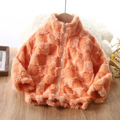 Plaid Pattern Fleece Coat Thick Cardigan with Zipper Stand Cozy Winter Coat