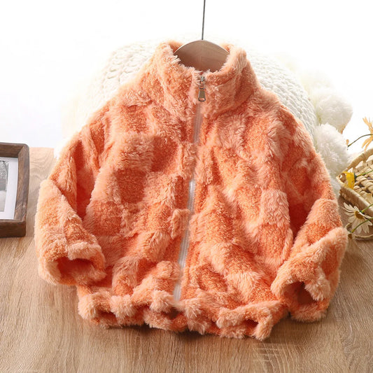 Plaid Pattern Fleece Coat Thick Cardigan with Zipper Stand Cozy Winter Coat