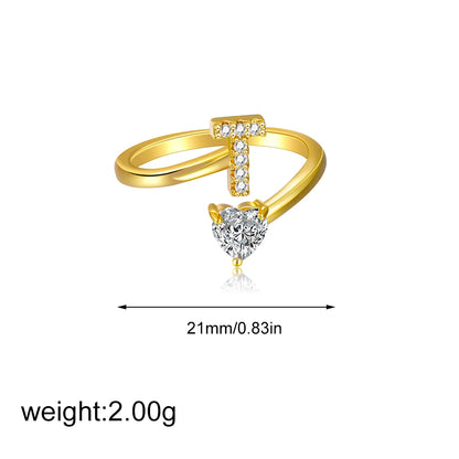 Gold Letter Open Heart Shape Cubic Zirconia  A-Z 26 Letter  Lnitials Rings