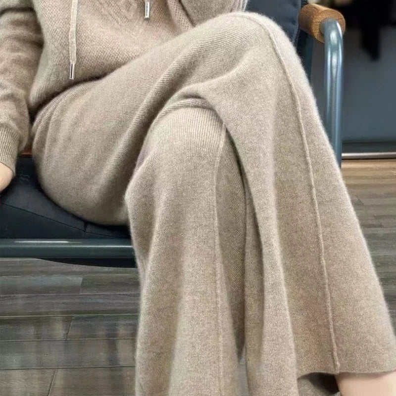 Merino Wool Knitted Wide Leg Soft Warm Cashmere Knit Trousers