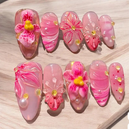 24Pcs Gilded 3D Flower Press on Nails Black French Leopard Print False Nails