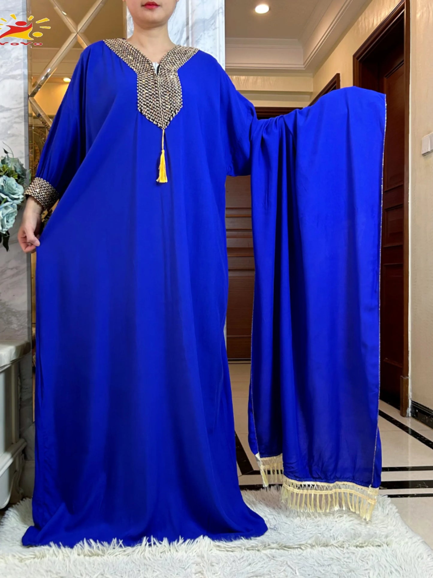Muslim Long Sleeve Cotton With Big Scarf African Abaya
