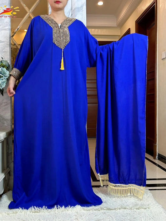 Muslim Long Sleeve Cotton With Big Scarf African Abaya