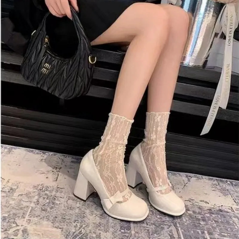 Pointed-toe high-heeled bow-shaped thick-soled Mary Jane shoes