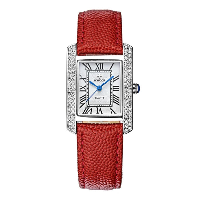 ساعات كوارتز جلدية أنيقة مرصعة بالألماس مربعة الشكل