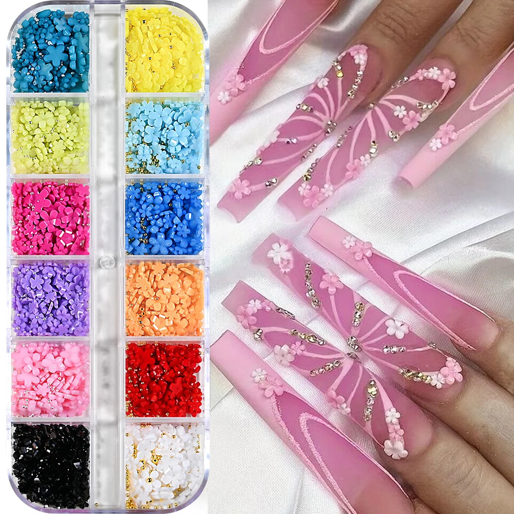 12/15Grids Acrylic Flower Nail Charms Mix Colors Set