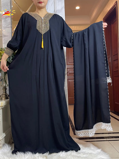 Muslim Long Sleeve Cotton With Big Scarf African Abaya