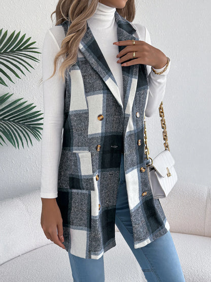 Lapel Double Breasted Plaid Vest Sleeveless Blazer