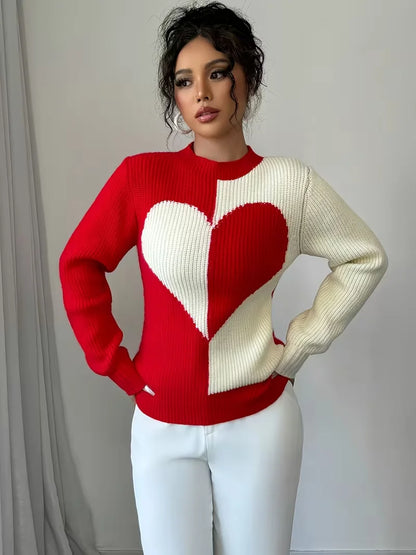 Colour-Block Heart Pattern Knitted Round Neck Long-Sleeve Casual Sweaters