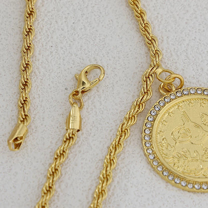 Moroccon Solid Coins Gold Plated With Rhinestone Single Chain Arabic Necklace