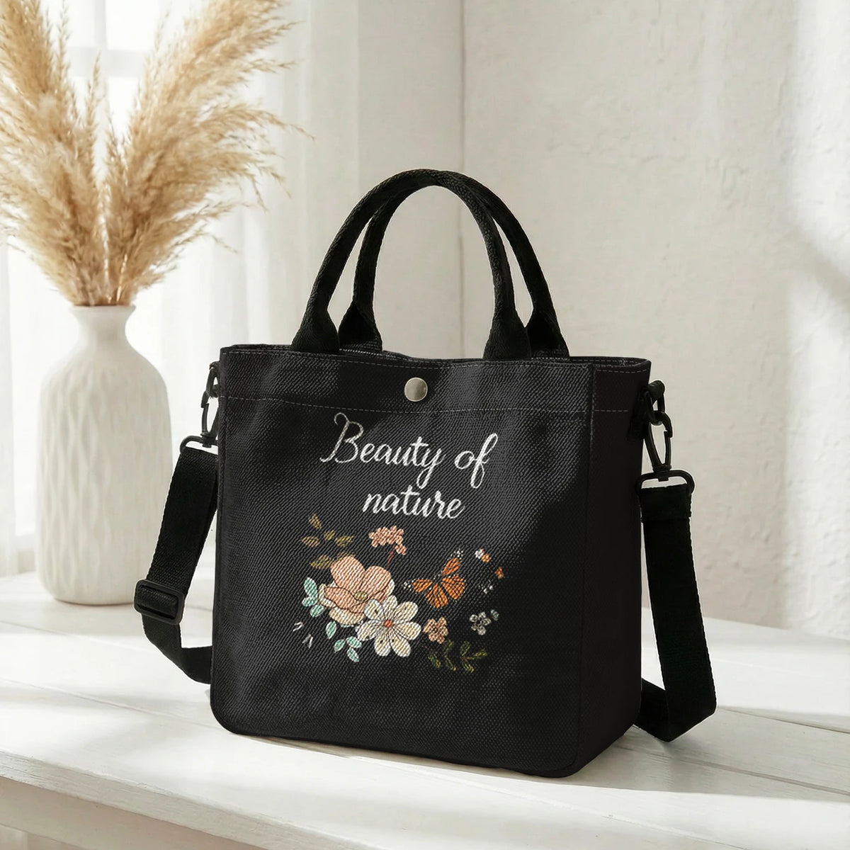 Floral Butterfly Letter Print Brown Canvas Tote Bag