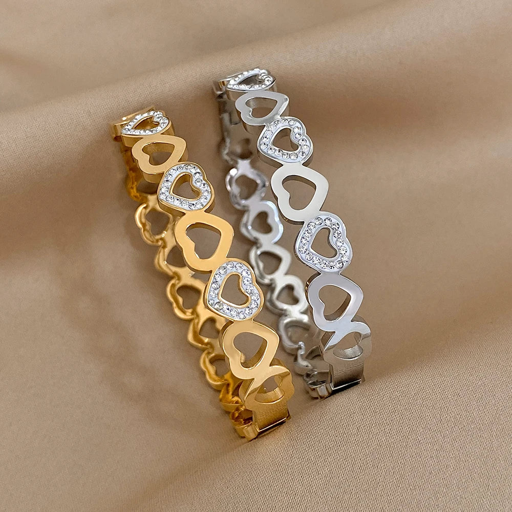 Multiple Vintage Inlaid Rhinestone Zircon Stainless Steel Wide Bangles Bracelets