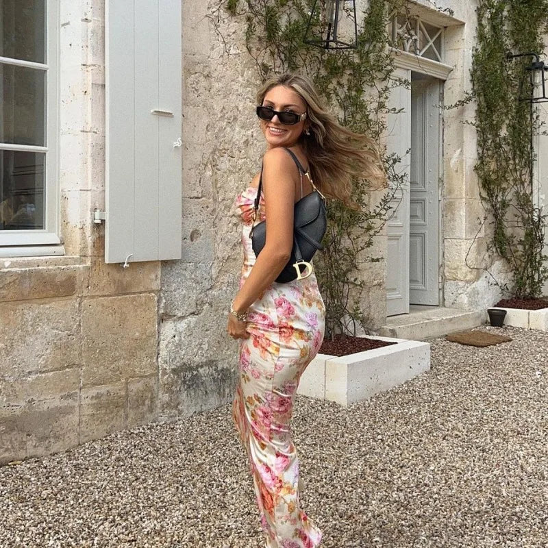 Floral Split Slim Sleeveless Spaghetti Strap Dress Mini Dress