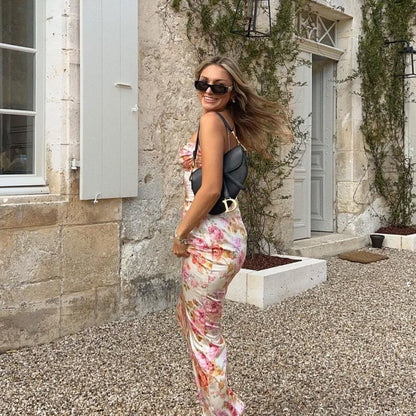 Floral Split Slim Sleeveless Spaghetti Strap Dress Mini Dress