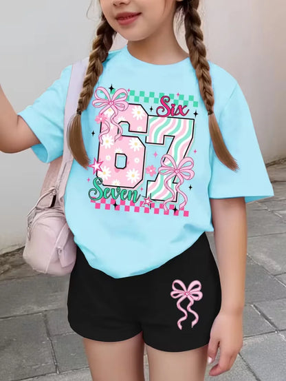 67 Six Seven Cute Bows Flowers Print Short Sleeve T-Shirt Set