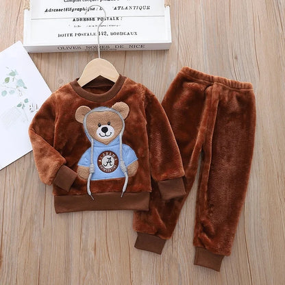 Autumn/Winter Cartoon Bear Warm Pajama Set  0-5 Years Old