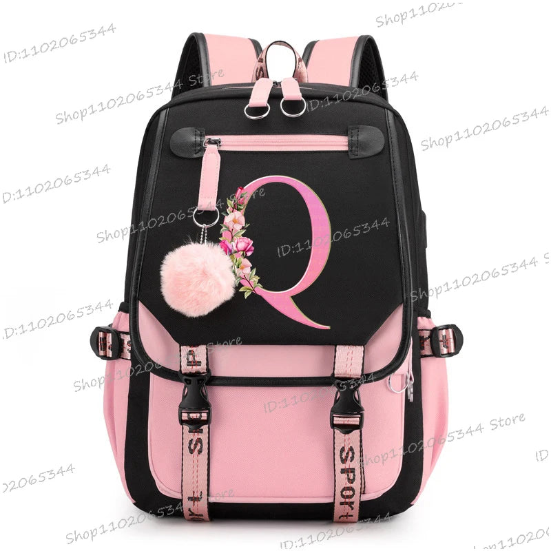Black Pink Backpacks 26 Initials Flower A-Z Alphabet Large Capacity Students Bookbag