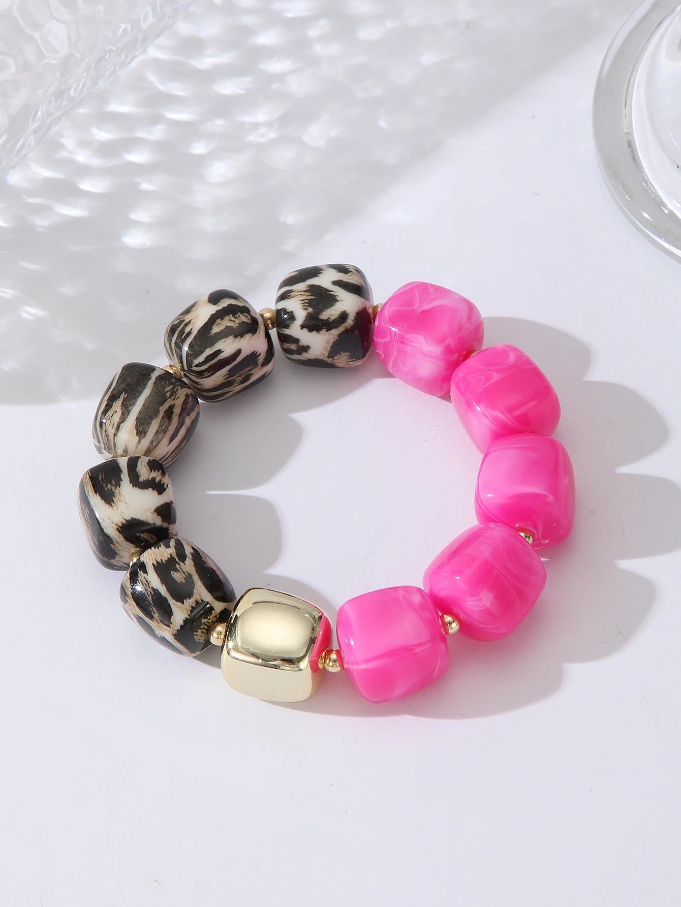 Leopard Print Acrylic Bold Multi color Marbled Resin Bead Large Gold Spacers Bracelets