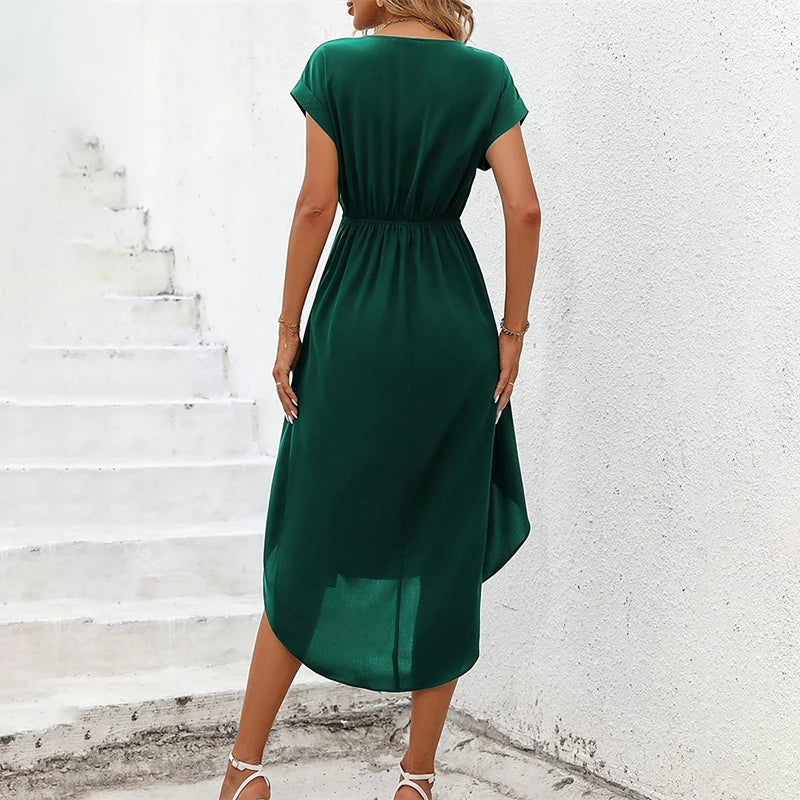 V Neck Bow Tiered Ruffle Vintage Short Sleeve Swing Midi Dress