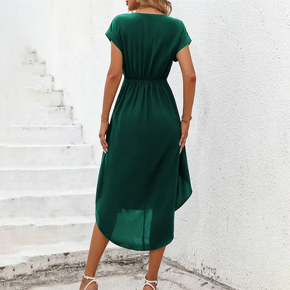 V Neck Bow Tiered Ruffle Vintage Short Sleeve Swing Midi Dress
