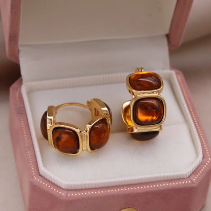 Korean design 14K gold plated round amber resin earrings