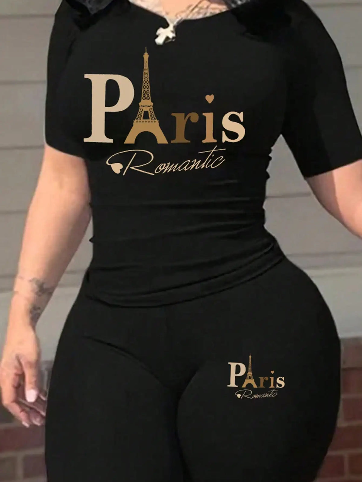 New Paris Printed Two-Piece Casual Short-Sleeved Round Neck T-Shirt Set