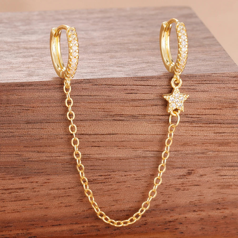 Stainless Steel Gold Color Chain Dangle Drop Zirconia Earrings