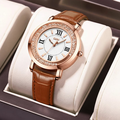 Quartz Leather Strap Diamond Bezel Waterproof Luminous Watch