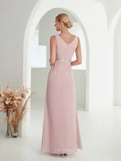 Mgiacy Shoulder silver sequin belt pleated chiffon slit skirt Dress