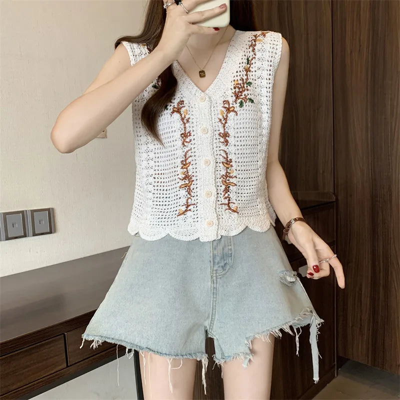 Floral Vest Button Front Waistcoat Openwork Knit Sleeveless Jacket