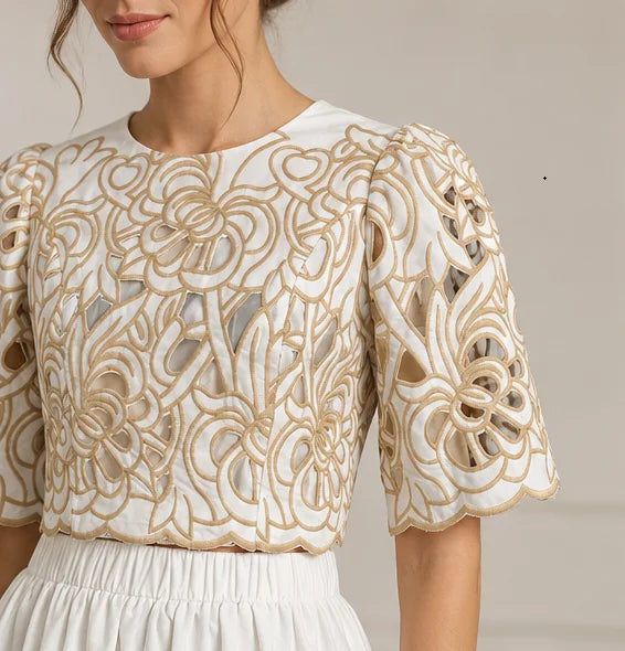 Elegant Hollow Out Color Contrast Women Two Piece Set
