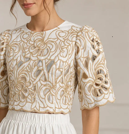 Elegant Hollow Out Color Contrast Women Two Piece Set