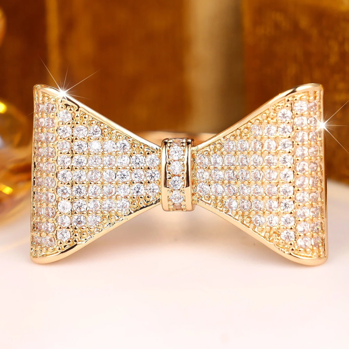 Small Cute Bow Female White Zircon Stone Vintage Gold Ring
