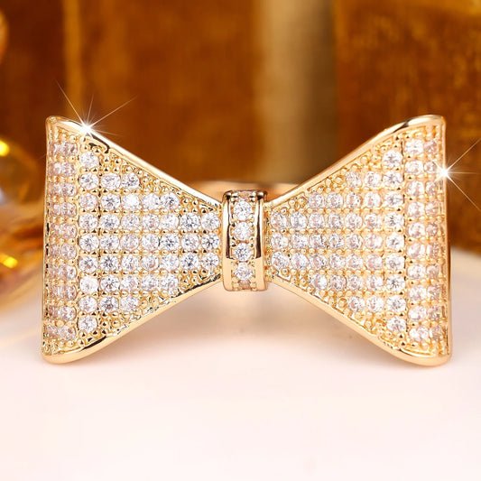 Small Cute Bow Female White Zircon Stone Vintage Gold Ring