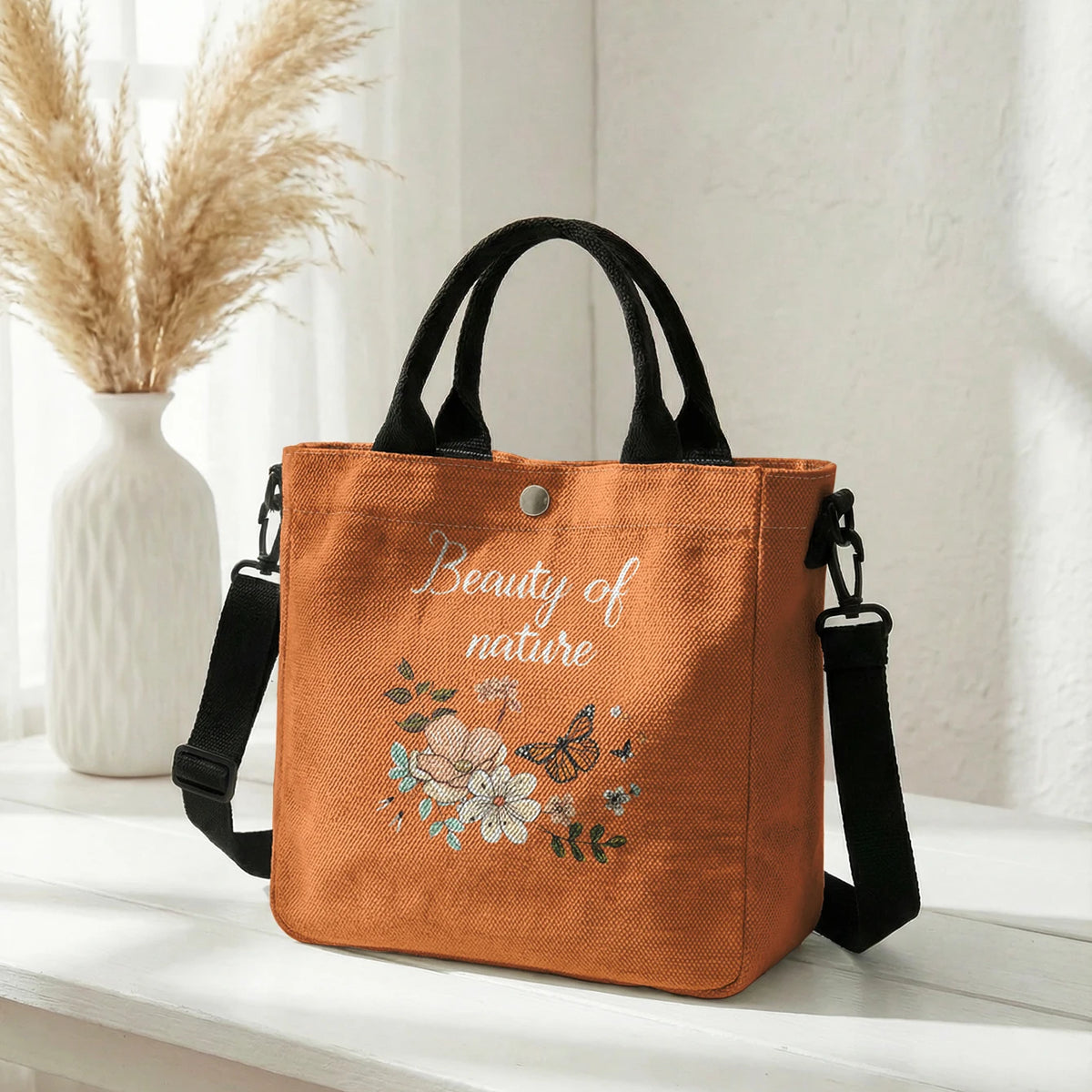 Floral Butterfly Letter Print Brown Canvas Tote Bag