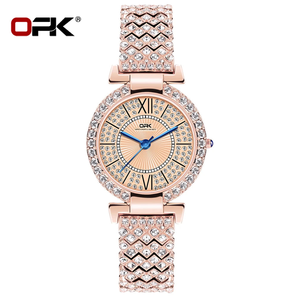 Full Diamond Waterproof Roman Scale Steel Belt Quartz Watch