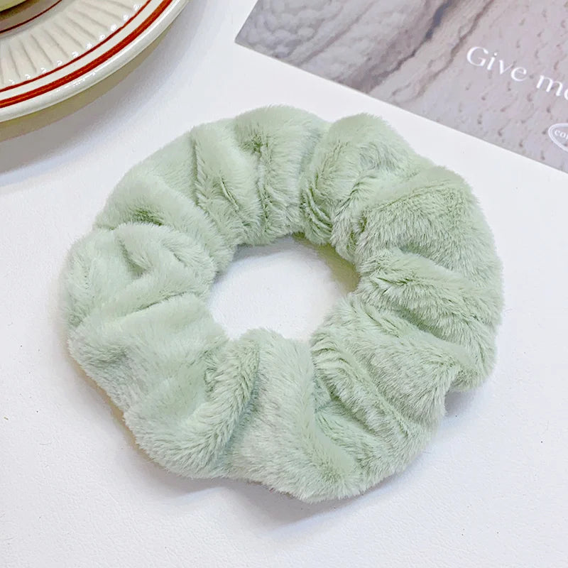 Solid Soft Plush Wide Hair Band Ponytail Holder Hair Tie Fluffy Rubber Band
