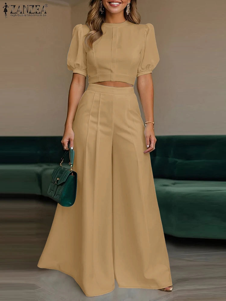 Conjunto de pantalón y pantalón de pierna ancha con manga corta abullonada