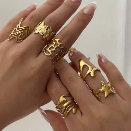 PVD Plated Stainless Steel Open Vintage Sun Leaf Shell Geometric Cuff Ring Set