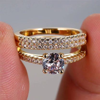 2pcs Small Round White Zircon Stone Ring Set