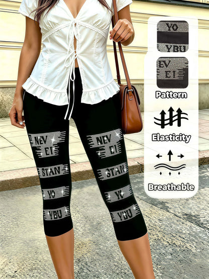 High Stretch Black Capri Pants With Rhinestone Embellishment