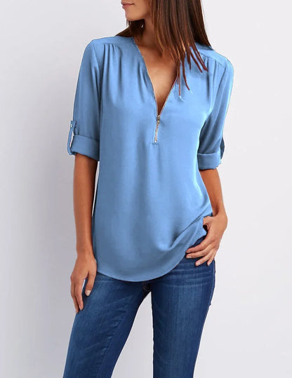 Loose Shirt Deep V Neck Chiffon Blouse