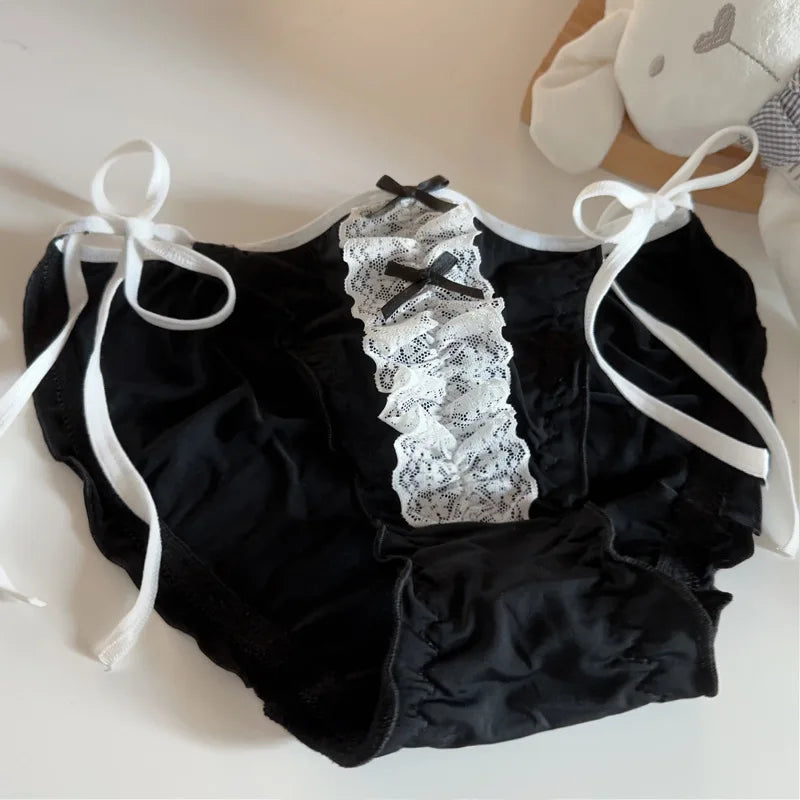 Double Bow Lace Ruffle Cute Underpants Low Waist Lace Up Ice Silk Breathable Panties