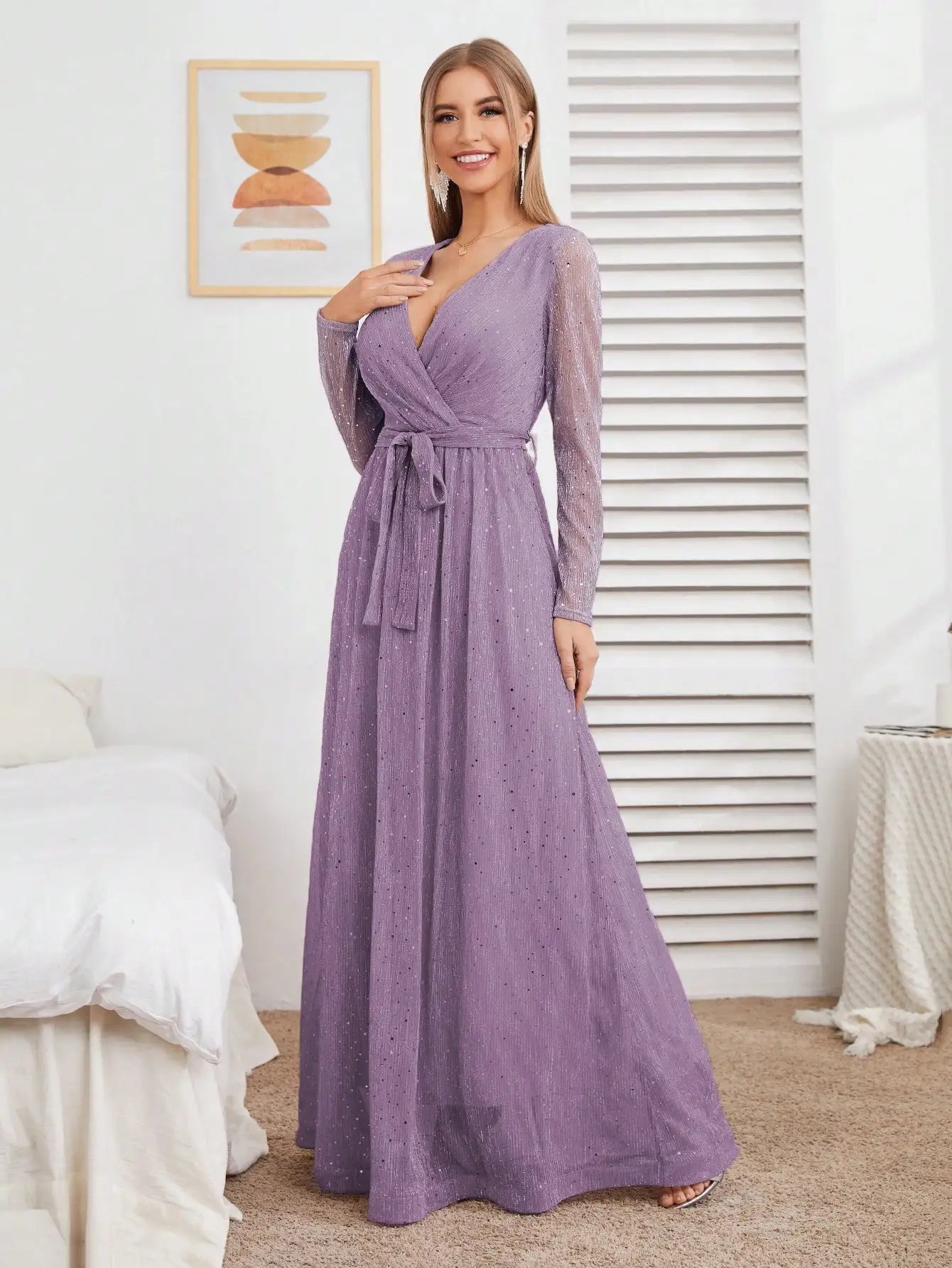 Mgiacy Wrap Belted Maxi Glitter Dress