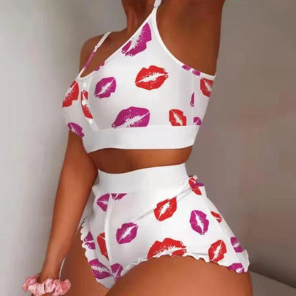 Swimsuit Strawberry Print Lace Sling Pajamas Set