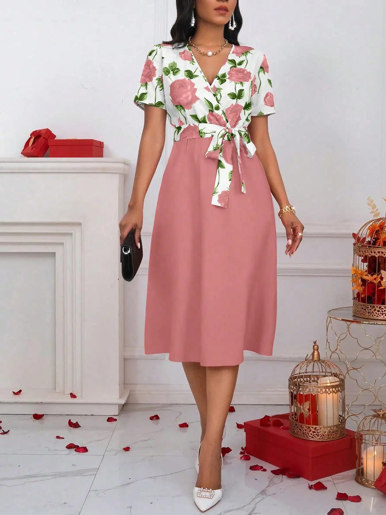 Floral Print V-Neck Tie Waist Midi Dress