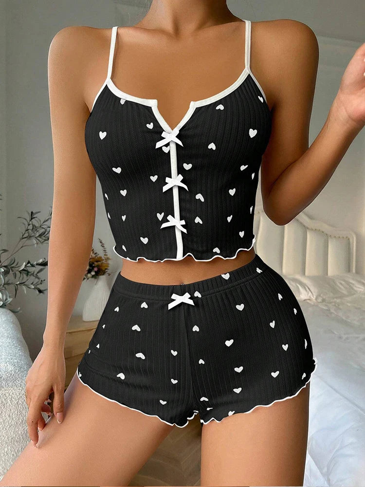 Floral Print Spaghetti Strap V Neck Shorts Sleepwear