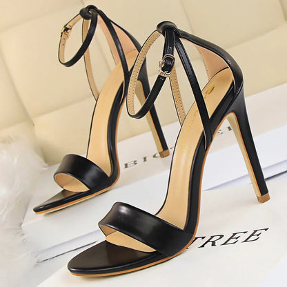 Black-White Concise Leather 11cm High Heels Sandals